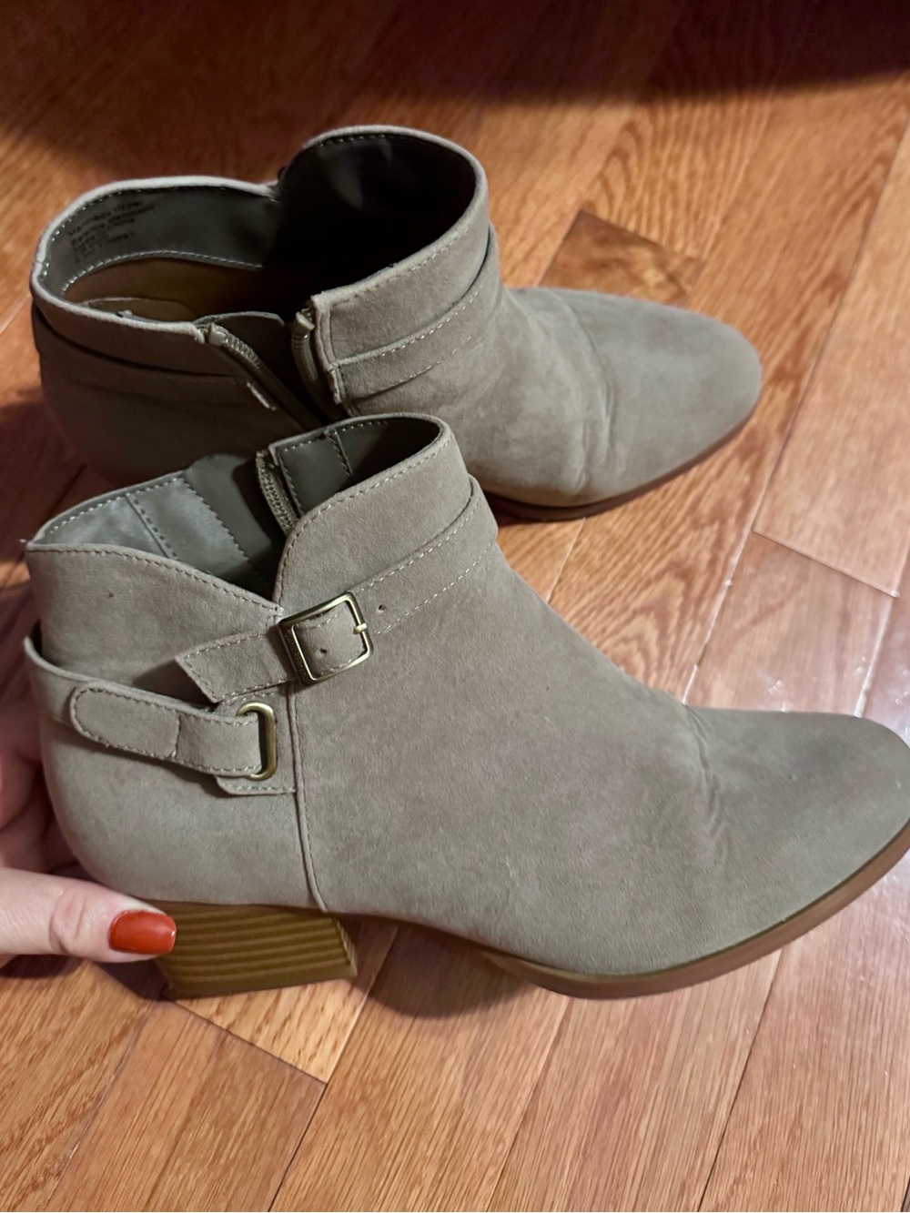 Women's Gianni Bini Taupe Suede Ankle Bootie with Side Buckle Strap